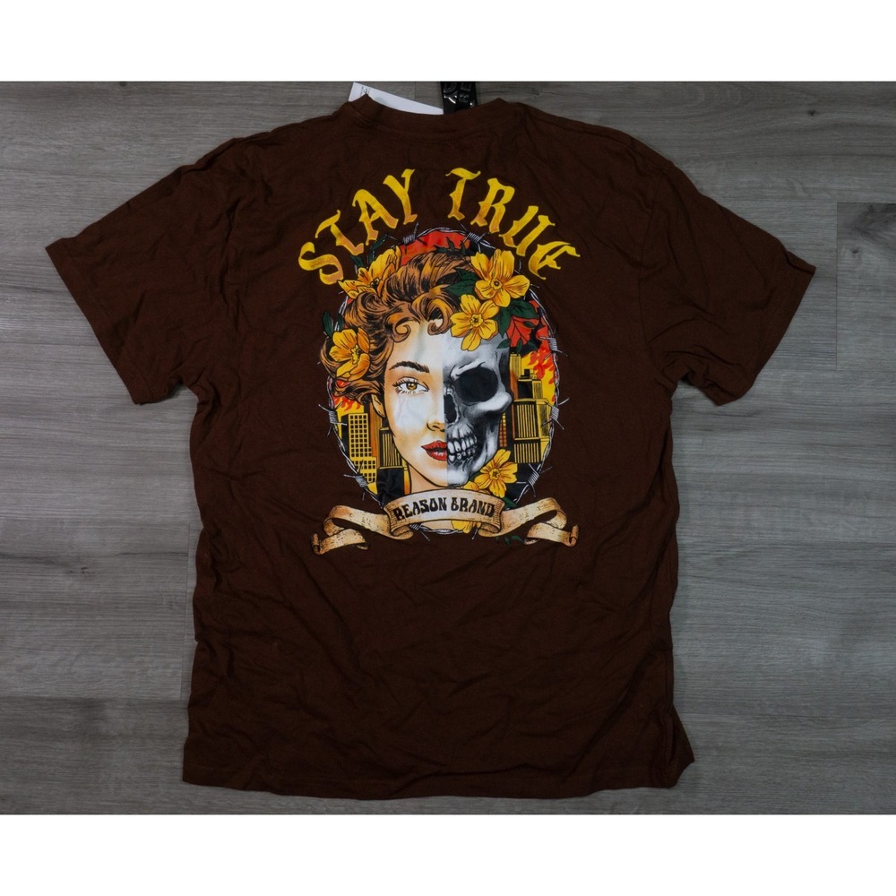 Reason Brand Stay True Skull Graphic T-Shirt Mens Medium Brown RT23-006 NEW